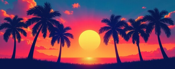 Silhouetted blue palm trees sway, fiery sunset , color, scene