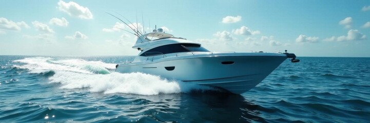 Sleek sportfishing boat cuts through ocean waves, creating a wide wake , cruise, hull