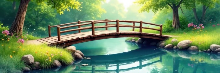 Rustic wooden bridge spans tranquil pond, soft watercolor wash , vintage, summer