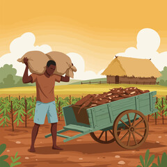 Farmer Harvesting Root Vegetables Carrying Sack Loading Cart at Farm