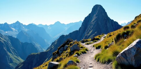 Majestic mountain peak, rocky trail winding upwards, impressive, scenic, grey