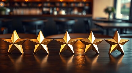 five golden stars in a line on a wooden table, concept of five stars review or service, space for copy