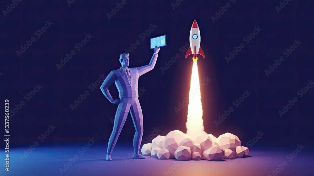 Poster an abstract businessman is holding a tablet with rocket launching a hologram. digital boosting or st