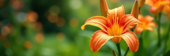 Fototapeta premium Vibrant orange daylily blooms in lush summer garden , light, bright, nature