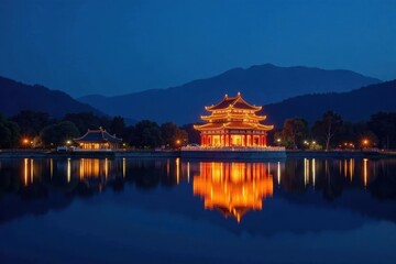 Fototapeta premium Night view, illuminated Fujian Museum reflected in West Lake, Fuzhou , landmark, serene, view