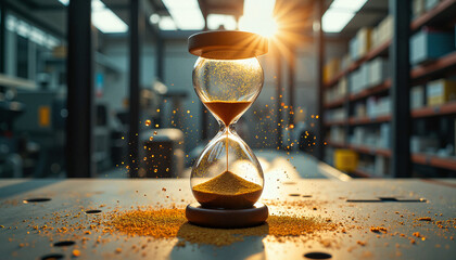 Hourglass with flowing sand illuminating warehouse background
