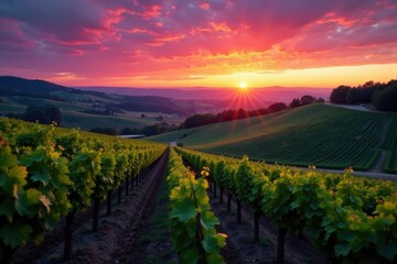 Fototapeta premium Sunset hues paint rolling Bordeaux vineyards, twilight descends , red wine, agriculture