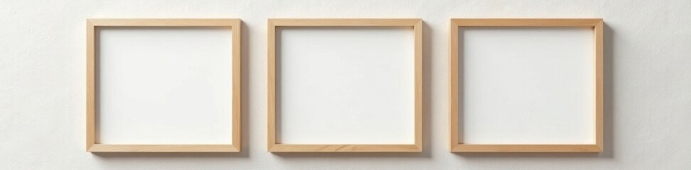 Obraz premium Three simple light brown wooden picture frames, neatly arranged on a textured wall , wood frame, simple, interior