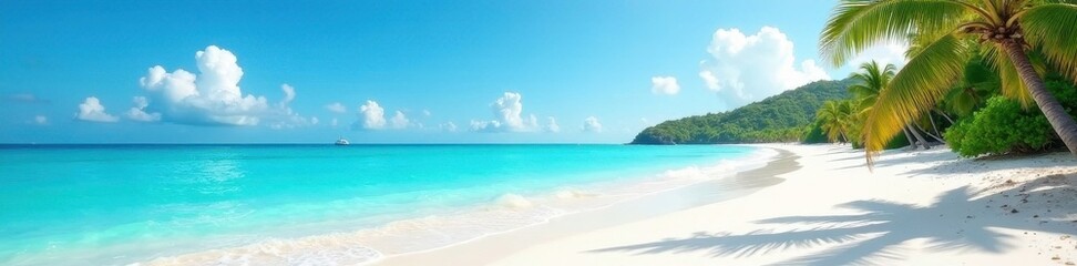 Fototapeta premium Sun-drenched white sand beach, turquoise ocean, clear blue sky, sun, seascape