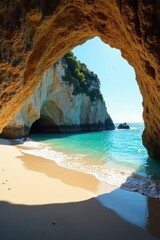 Sun-drenched Cathedral Cove beach, pristine sand, turquoise water, dramatic rock arch , panoramic, escape, relaxation