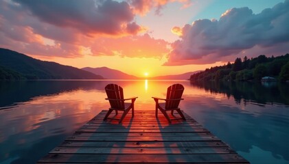 Fototapeta premium Sunset lake view from wooden pier, two chairs , escape, pier