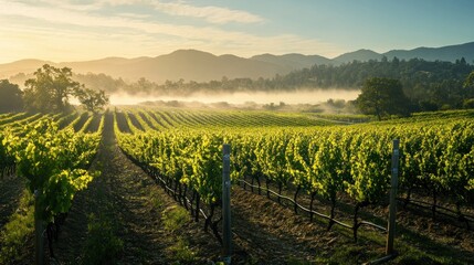 Fototapeta premium Early morning sunlight bathes a thriving vineyard in a tranquil landscape view