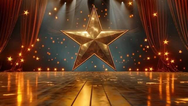 A golden star is shining in the center of an empty broadway stage with red curtains, the background is illuminated by warm light
