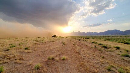 Massive dust storm rolling over desert at golden hour sunset