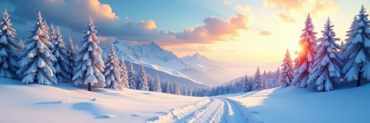 Vast snowy expanse, towering pines, brilliant sky ,  nature photography,  serene