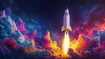 Rocket launching through vibrant nebula clouds.