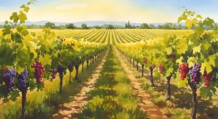 Watercolor Painting of Vineyard with Ripe Grapes and Warm Sunshine
