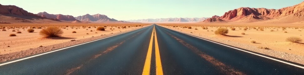 Fototapeta premium Worn asphalt ribbon bisects barren desert expanse, shadows stretch long , desolate, barren