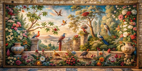 Obraz premium Antique Tapestry Birds Flowers Landscape Photography - Vintage Floral Wall Hanging