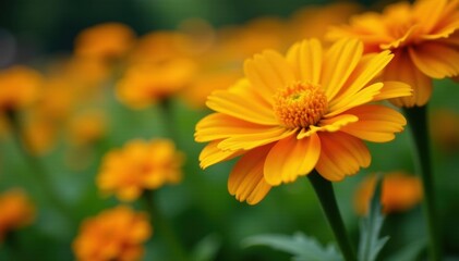 Vibrant orange calendula blossoms in lush garden bed, yellow, plant