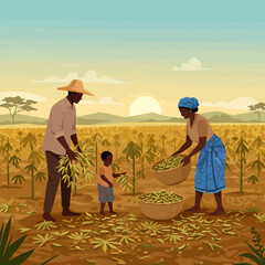 Harvesting Crops at Sunrise Farming Family Working in Rural Landscape