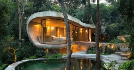 Obraz premium Modern glass-walled house with organic design in a lush forest setting.