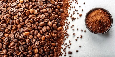Obraz premium Aromatic Coffee Beans & Ground Coffee Flat Lay: Perfect for Cafe Menu or Blog Post