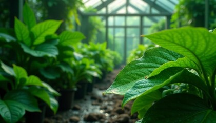 Lush green foliage with dew drops in tropical greenhouse, dew drops, exotic