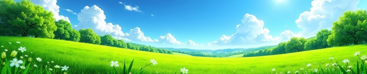Obraz premium Lush green landscape under a bright blue summer sky, atmosphere, idyllic
