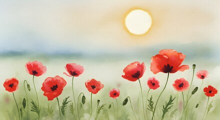 Fototapeta premium Watercolor Poppy Field with Gentle Sunlight and Soft, Hazy Background