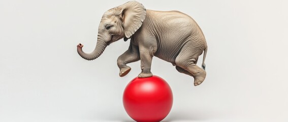 Elephant balancing on a red ball against a light background.