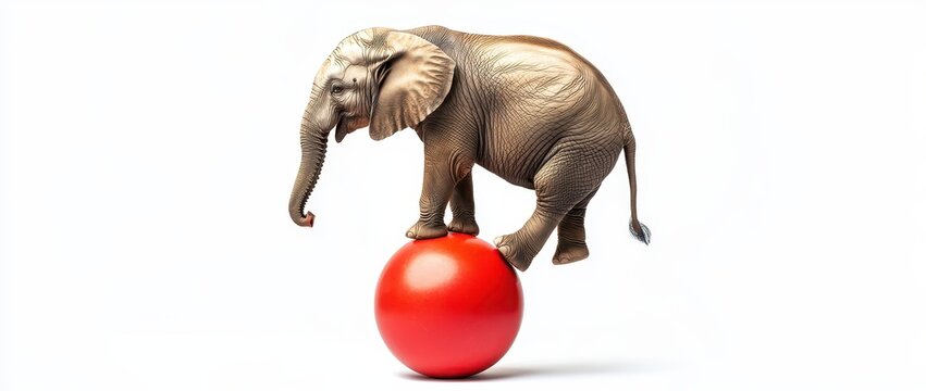 Elephant balancing on a red ball against a white background.