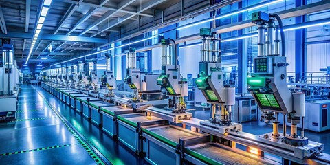 Fototapeta premium Automated PCB Assembly Line Night Photography: High-Precision Robots Installing Electronic Components with Quality Control