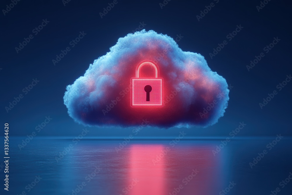 Poster cloud-shaped figure symbolizing data security with a lock at dusk