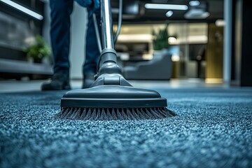 Person using vacuum cleaner cleaning carpet in a modern building