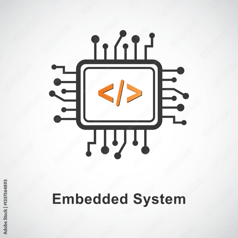 Poster embedded system icons computer chip. technical and it. vector black and color linear icon illustrati