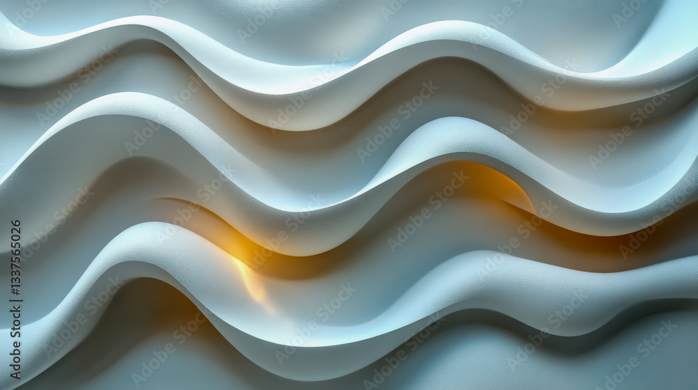 Poster fluid wave texture with soft curves on smooth white matte surface reflecting warm light