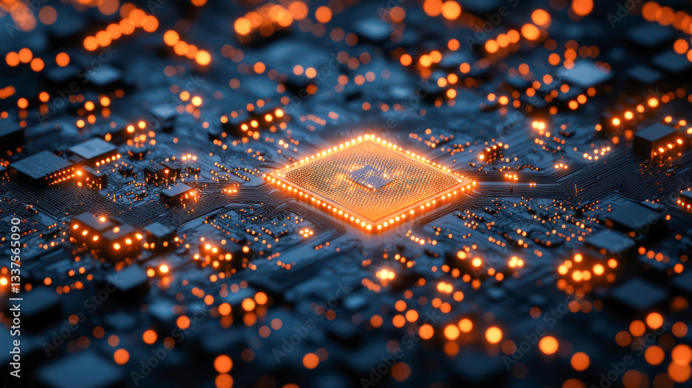 Poster close-up view of intricate circuit board traces illuminated by glowing led lights, highlighting the 