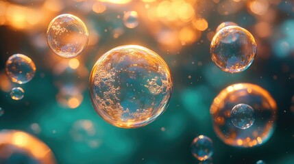 Fototapeta premium Floating, golden bubbles in teal and amber light