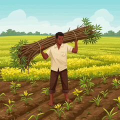 Farmer Carrying Bundle of Plant Cuttings in Agricultural Field Artwork