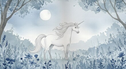 Watercolor Unicorn in Forest Glade Beneath Moonlit Sky Illustration