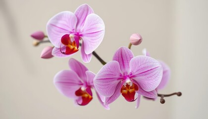Obraz premium Delicate spray of blush pink orchid blossoms, soft focus, delicate, wedding