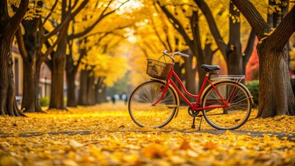 Fototapeta premium Autumn in Tokyo: Red Bicycle Amidst Falling Yellow Leaves at University Campus - December 4, 2016