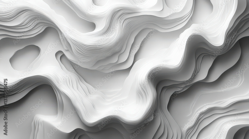 Poster abstract grey background with intricate white line patterns showcasing fluid and layered textures