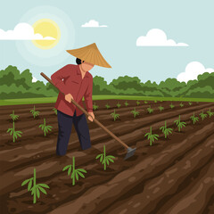 Farmer Tilling Soil in Field Under Sunny Sky Agriculture Concept