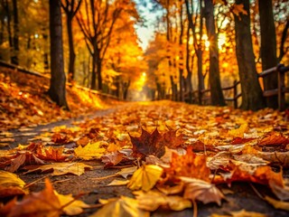 Fototapeta premium Autumn Path: Colorful Fallen Leaves Carpet - Stock Photo