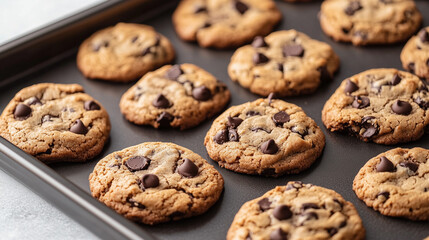 A tray of homemade vegan cookies with dark chocolate chips, slightly melted and warm from the oven