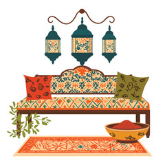 Luxurious Moroccan Themed Living Room with Stunning Embroidered Bench