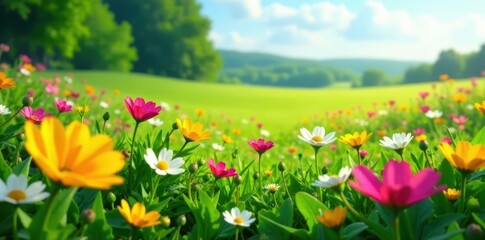 Fototapeta premium Vibrant wildflowers carpet a lush green field, beautiful, green