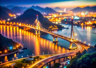 Fototapeta premium Bai Chay Bridge Night Lights: Hon Gai & Bai Chay Peninsula Connection in Ha Long Bay, Vietnam